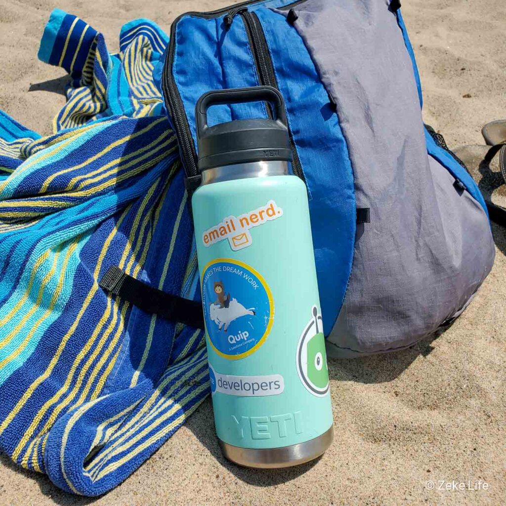 water bottle at the beach