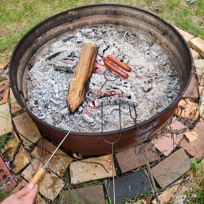 cooking hot dogs over fire