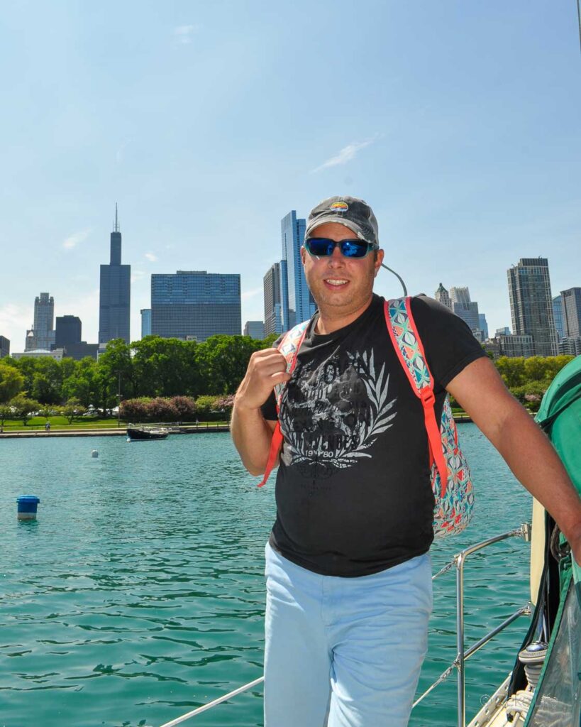 Kyle on SV Zeke E Boy with Chicago skyline